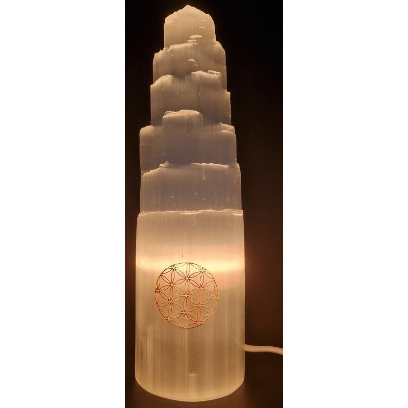 Lampe Sélénite Montagne Gravée 30cm - Fleur de Vie