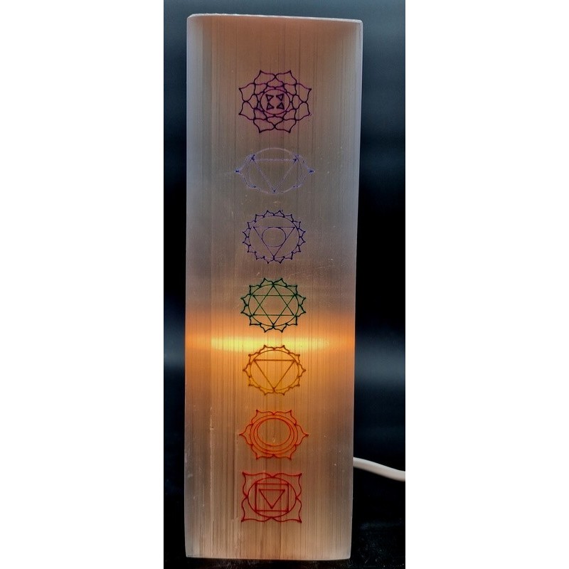 Lampe Sélénite Rectangle Gravée 25cm - 7 Chakras