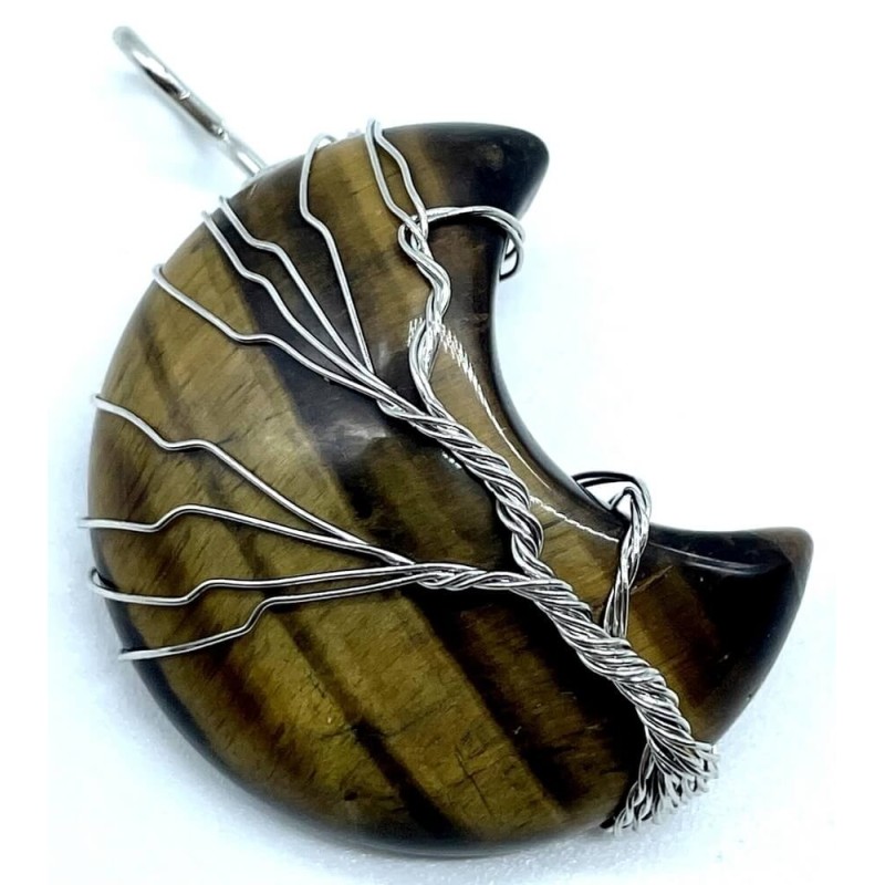 Pendentif Lune Arbre de Vie - OEil de Tigre