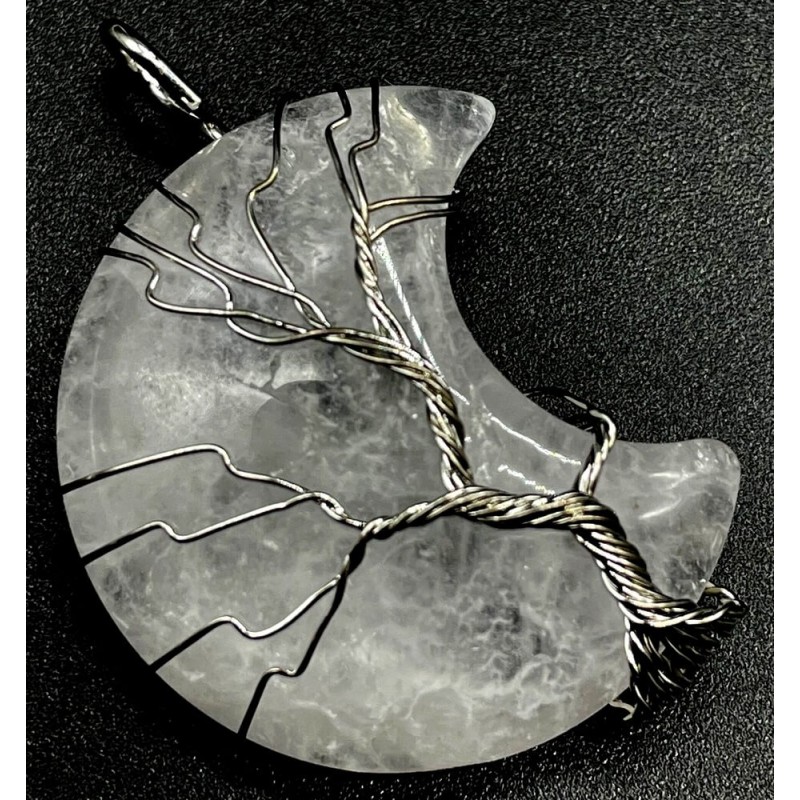 Pendentif Lune Arbre de Vie - Cristal de Roche