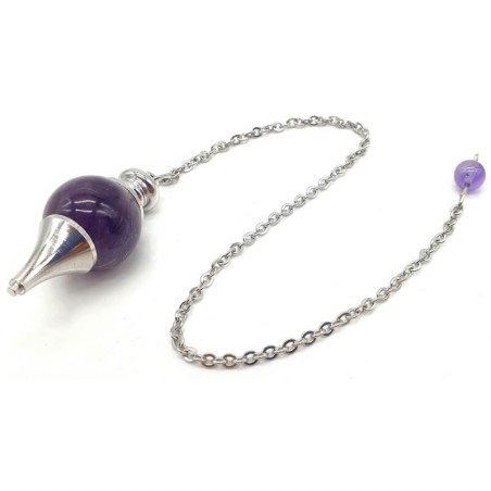 Pendule sphérique en améthyste avec chaîne en métal – outil de radiesthésie et de lithothérapie