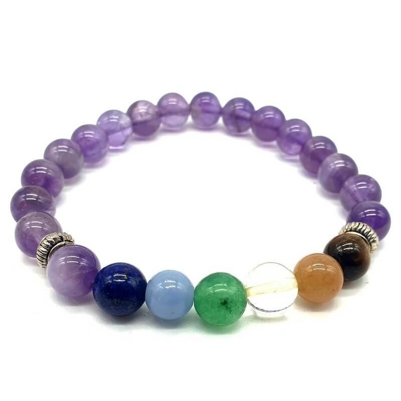 Bracelet Améthyste & 7 Chakras perles 8mm