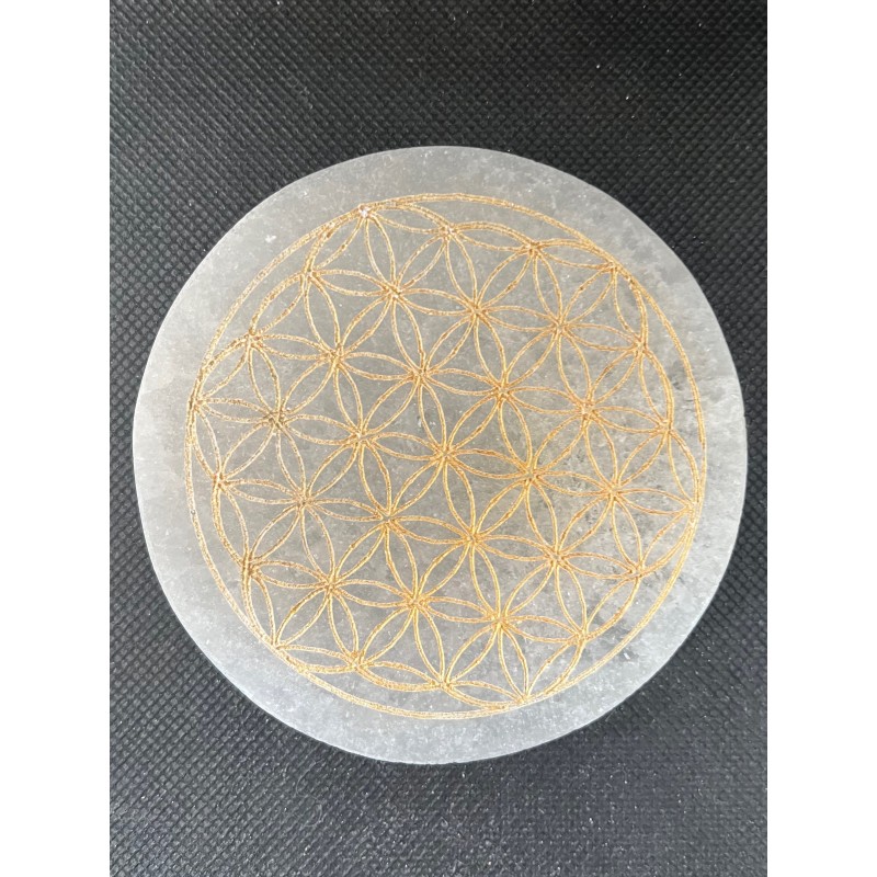 Plaque en Sélénite Ronde avec Fleur de Vie Dorée – Rechargement, Pureté & Énergie Sacrée Plaque en Sélénite Ronde avec Fleur de Vie Dorée – Rechargement, Pureté & Énergie Sacrée