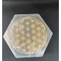 Plaque Sélénite Hexagonale Fleur de Vie Dorée – Support Énergétique & Purification
