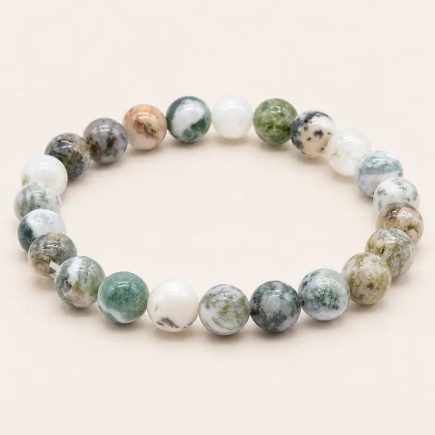 Bracelet en agate arbre – Perles de 8 mm, aux nuances blanches et aux motifs verts ramifiés.