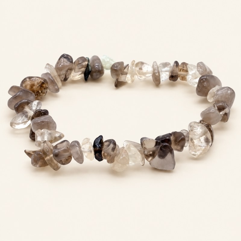 Bracelet baroque en quartz fumé aux pierres polies grises, brunes et très claires, présenté sur fond beige clair.