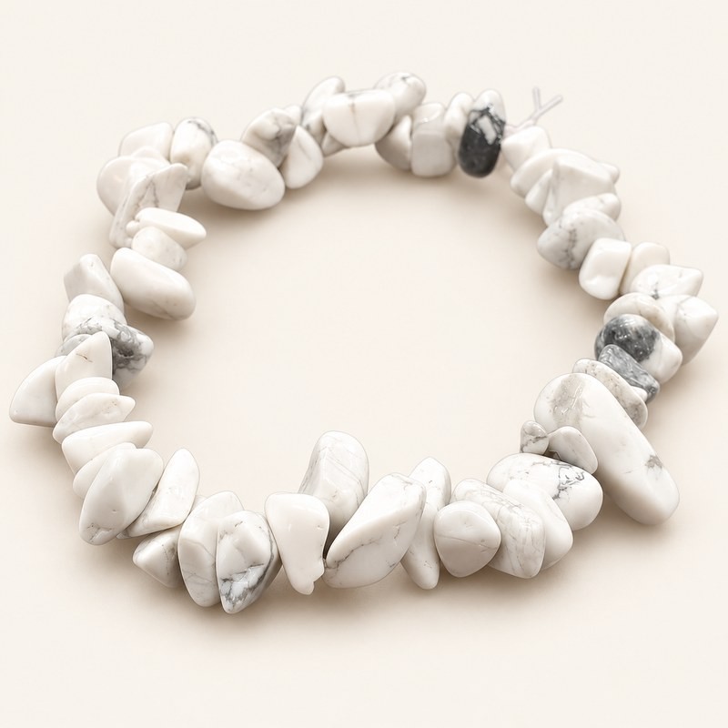Bracelet baroque en howlite aux pierres polies blanches à ivoire, parcourues de veinures grises, présenté sur fond beige clair. Bracelet baroque en howlite aux pierres polies blanches à ivoire, parcourues de veinures grises, présenté sur fond beige clair.