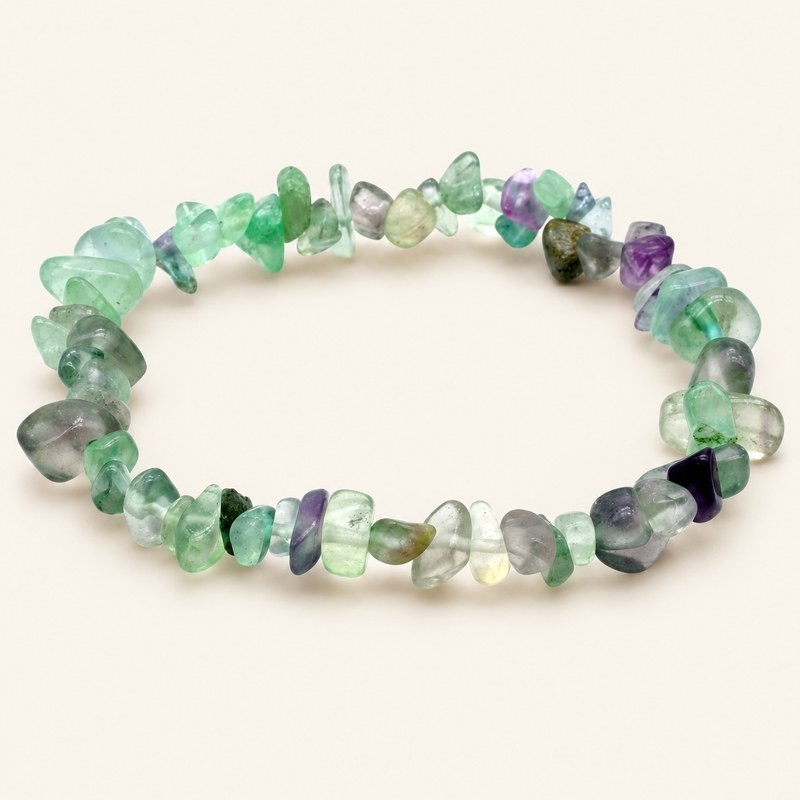 Bracelet baroque en fluorite aux pierres chips translucides vertes et violettes, présenté sur fond beige. Bracelet baroque en fluorite aux pierres chips translucides vertes et violettes, présenté sur fond beige.
