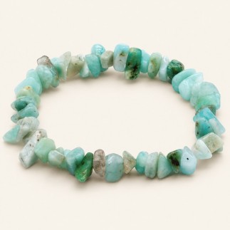 Bracelet baroque en amazonite aux pierres chips bleu-vert et vert d’eau, avec des zones claires et des marques sombres,