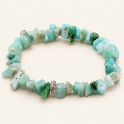 Bracelet baroque en amazonite aux pierres chips bleu-vert et vert d’eau, avec des zones claires et des marques sombres,