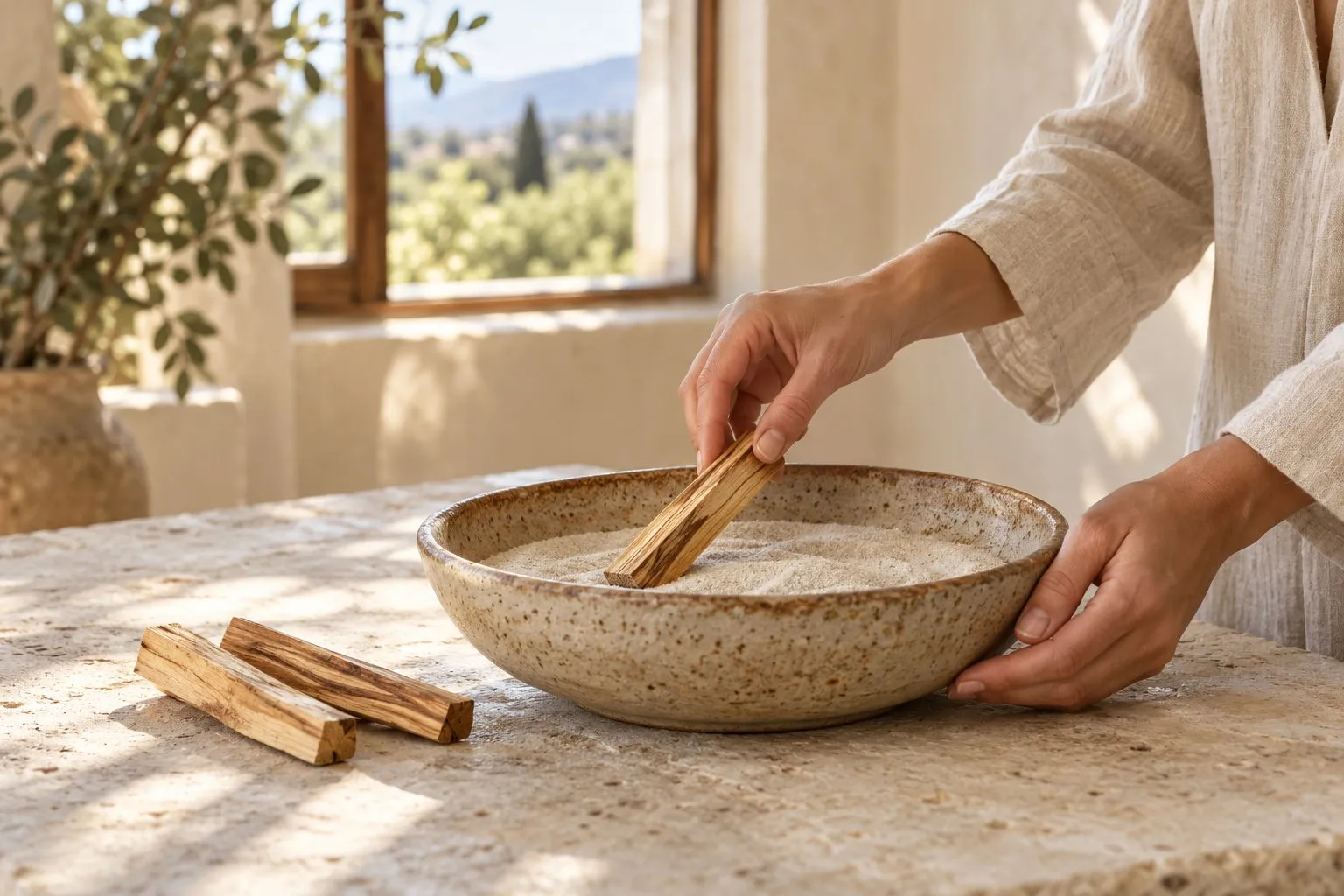 Mains préparant un bâton de palo santo dans un bol rempli de sable.