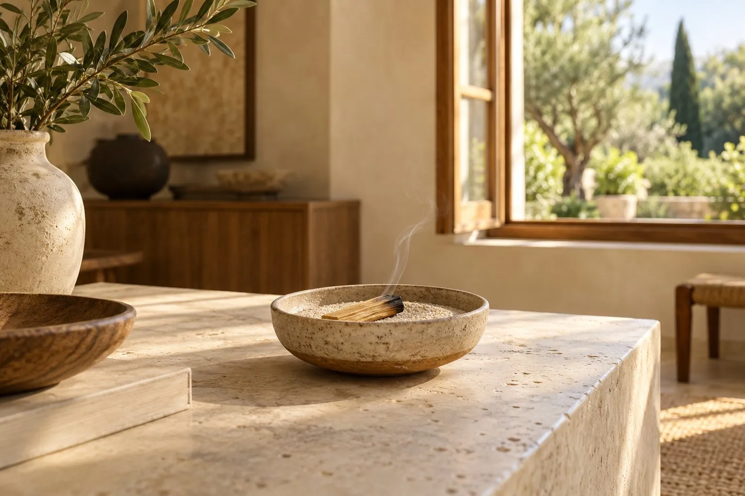 Bol rempli de sable et bâton de palo santo près d’une fenêtre ouverte, dans une maison baignée de lumière.