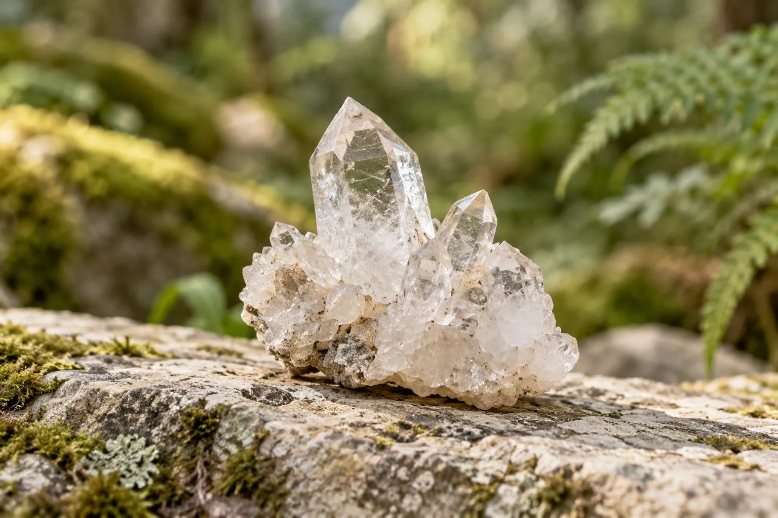 Spécimen naturel de quartz posé sur une pierre, au milieu de la mousse et des fougères.