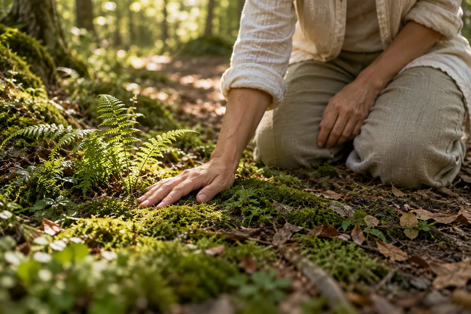 Une personne pose doucement la main sur la mousse d’un sous-bois, près d’une fougère.