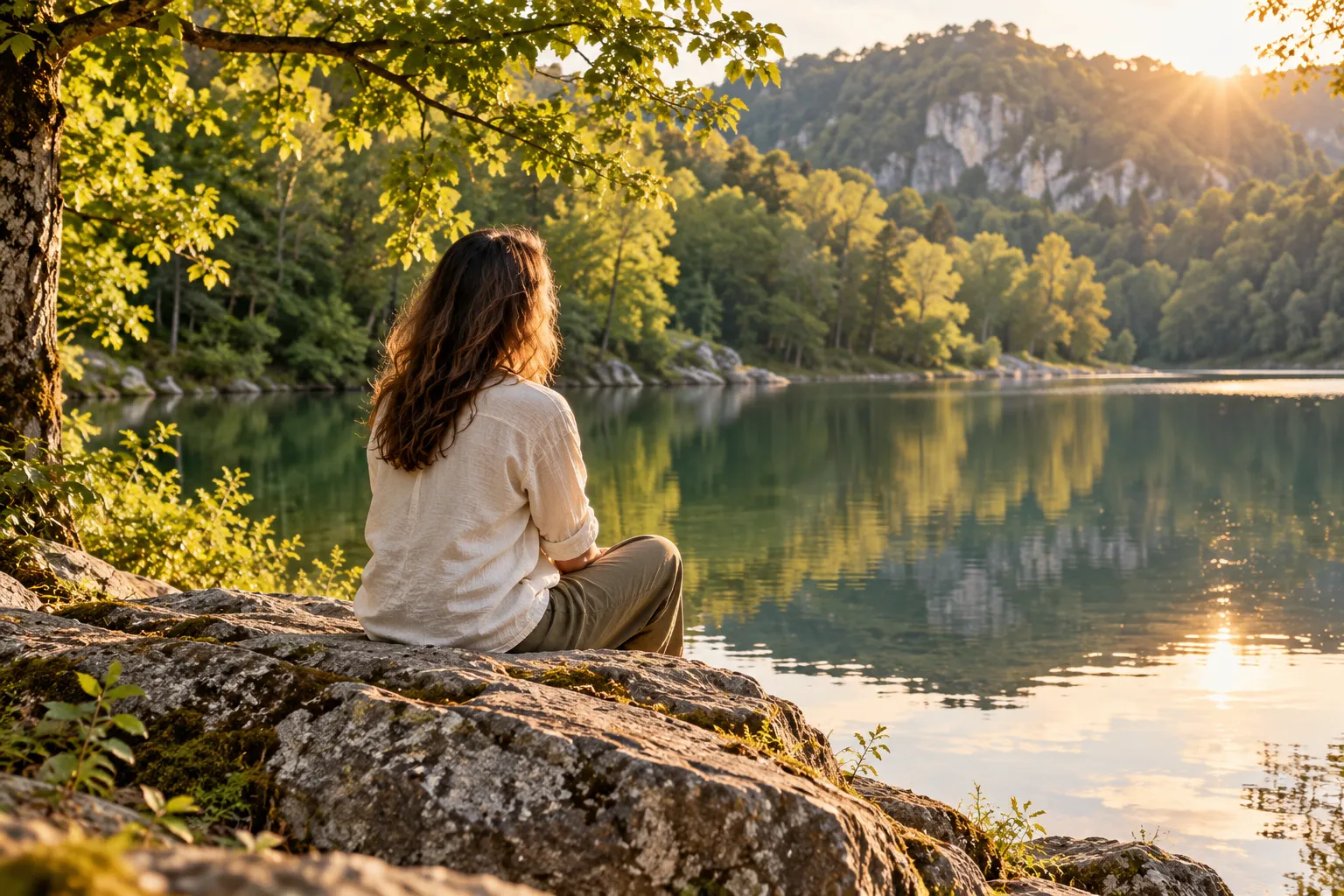 Femme assise sur un rocher, contemplant un lac.