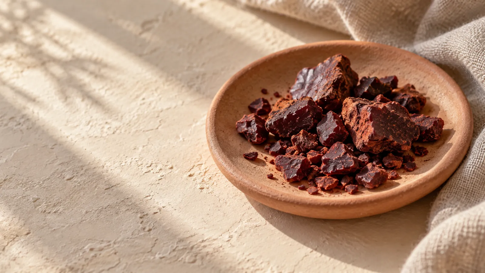 Fragments de résine rouge sombre dans une coupelle en terre cuite, sur un fond clair éclairé par une lumière naturelle.
