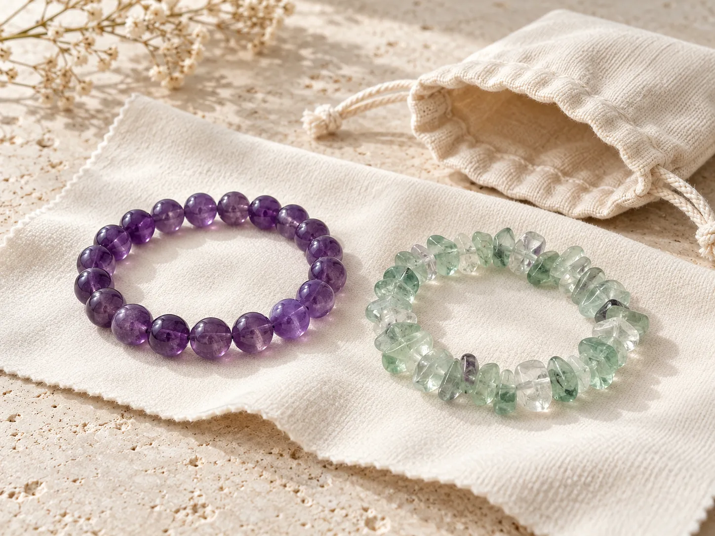 Un bracelet à perles rondes violettes et un bracelet baroque aux nuances vertes reposent sur un chiffon doux près d’une pochette.