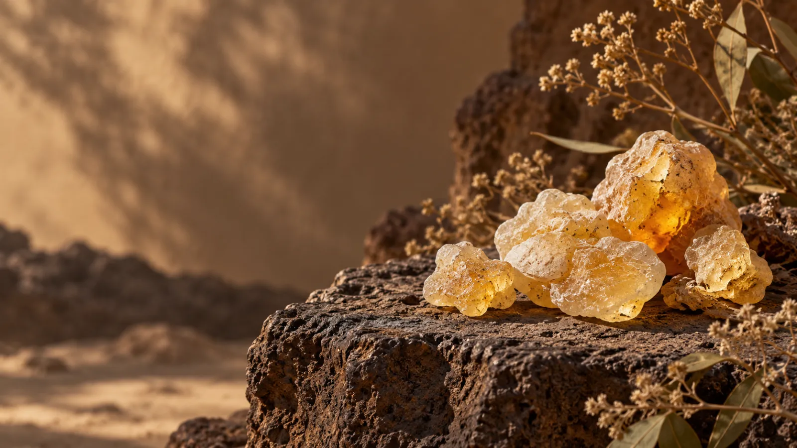Morceaux de résine de copal aux nuances dorées et ivoire sur une pierre sombre, éclairés par une lumière chaude.
