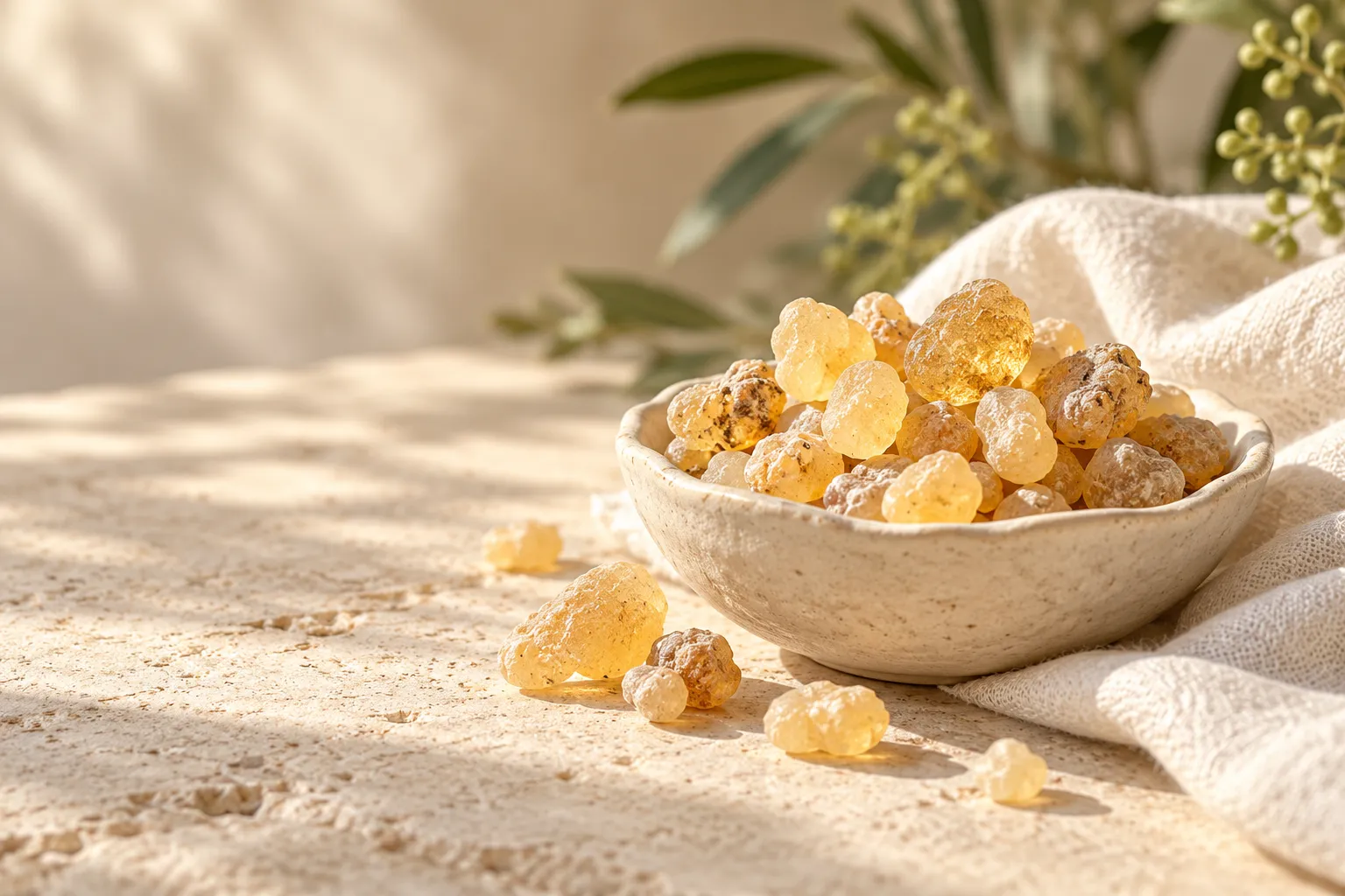 Grains de résine d’oliban dorée dans une coupelle en céramique sur une pierre claire.