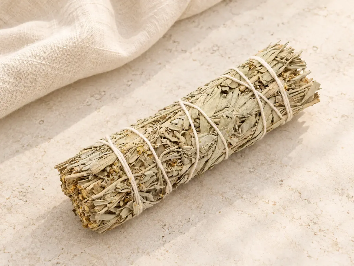 Fagot de sauge bleue aux feuilles séchées gris-vert, lié avec une ficelle claire et posé sur une pierre naturelle près d’un tissu en lin.