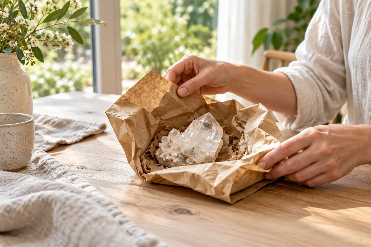 Des mains découvrent une pierre naturelle dans son papier d’emballage, sur une table en bois.