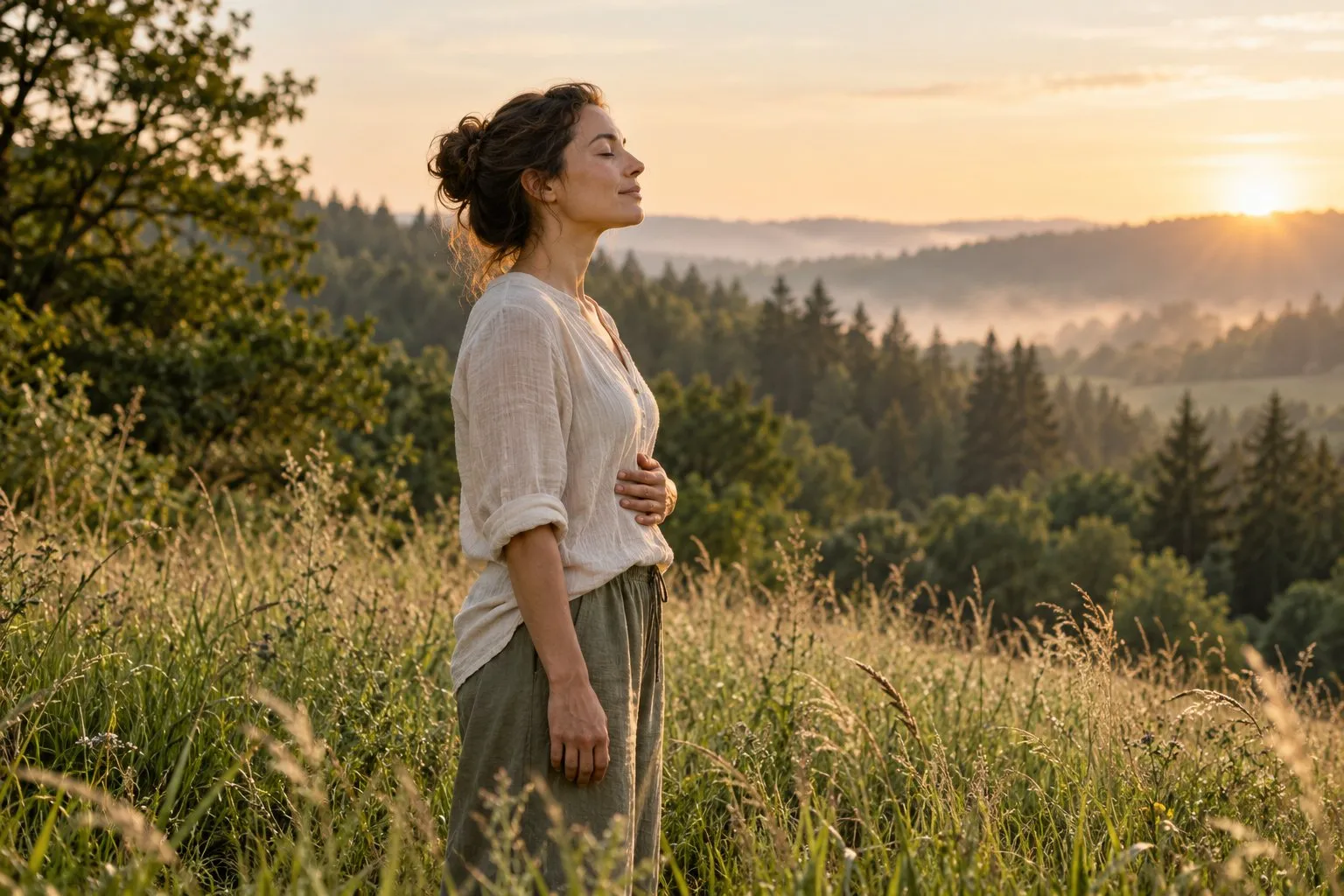 Une personne debout dans une prairie au lever du jour, une main posée sur le ventre.
