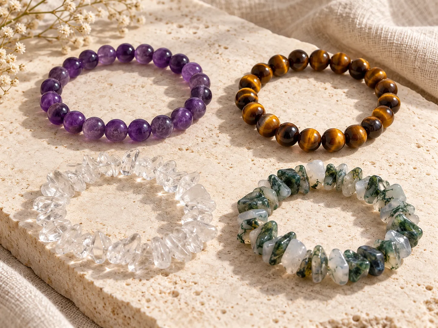 Comparaison de bracelets à perles rondes et de bracelets baroques composés de pierres polies irrégulières.