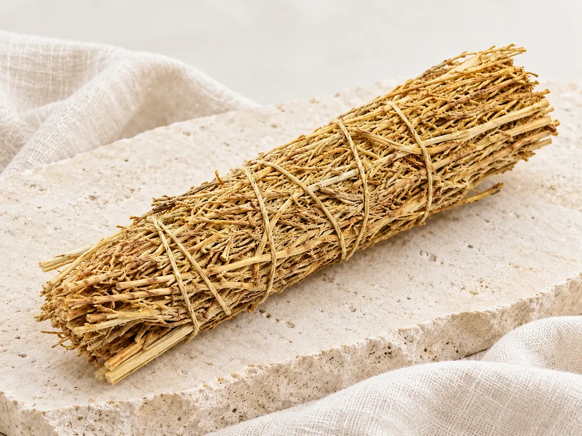Fagot de copal aux fines tiges séchées beige doré, maintenu par une ficelle et posé sur une pierre claire près d’un tissu en lin.