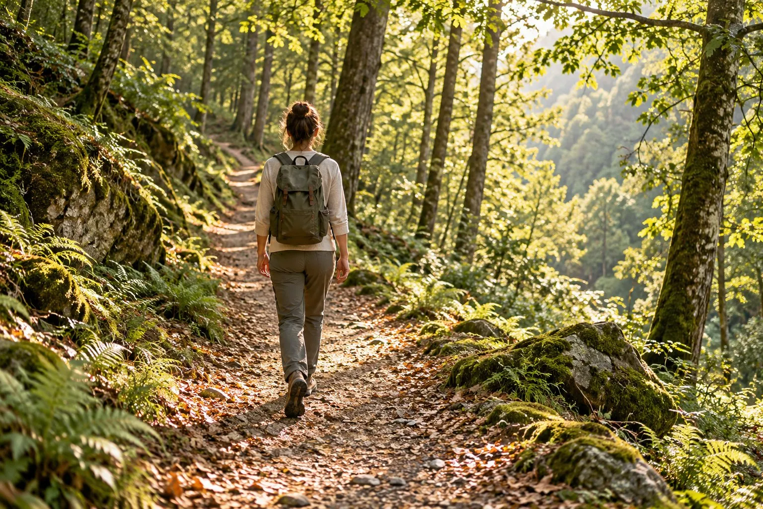 Une personne marche tranquillement sur un sentier forestier éclairé par la lumière du matin.