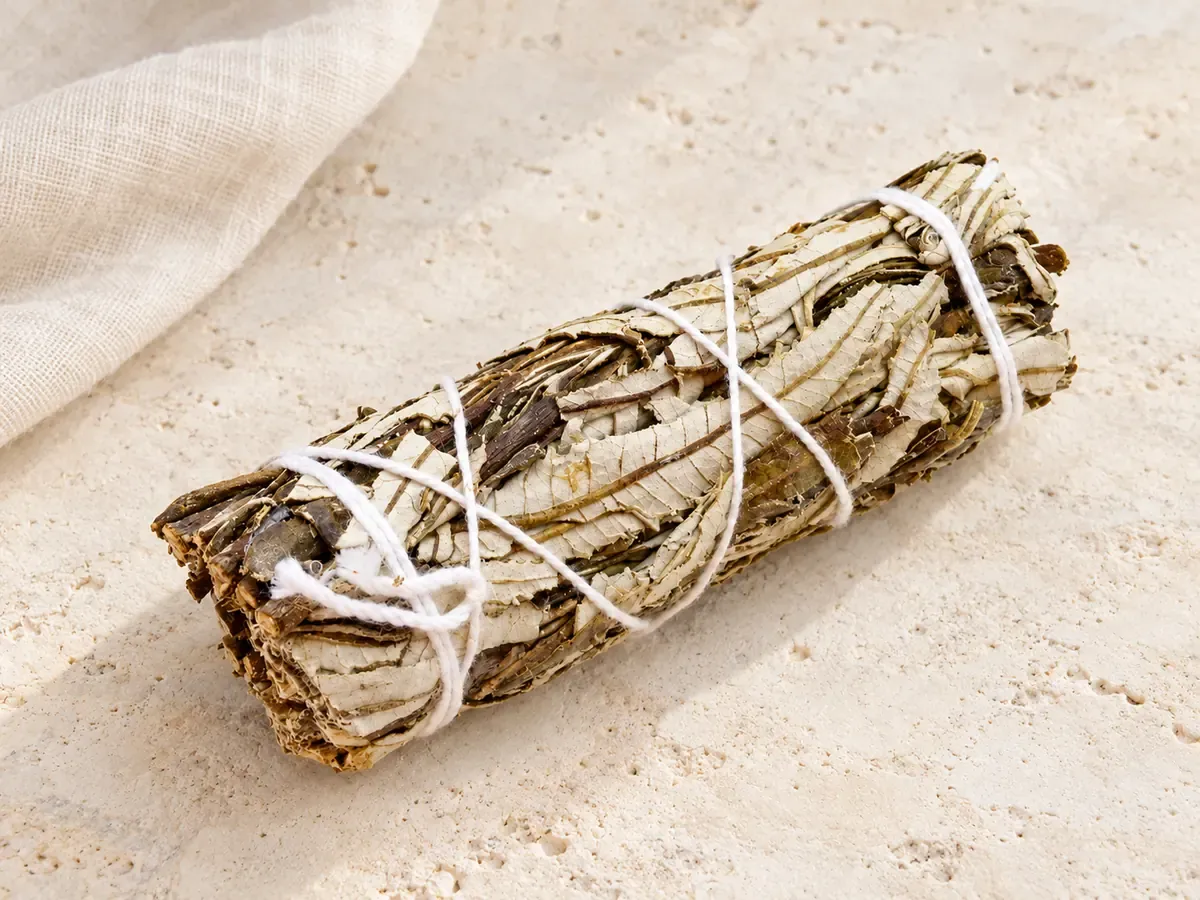 La Yerba Santa se découvre à travers ses feuilles séchées, leurs nervures marquées et leur parfum végétal. Réunie en fagot, elle peut accompagner une pause, une méditation ou un geste symbolique.