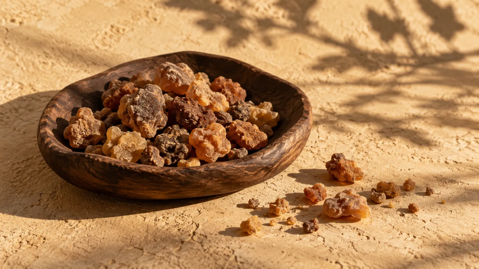 Morceaux de résine aux teintes ocre et brunes dans une coupelle en bois, sur un fond beige éclairé par le soleil.