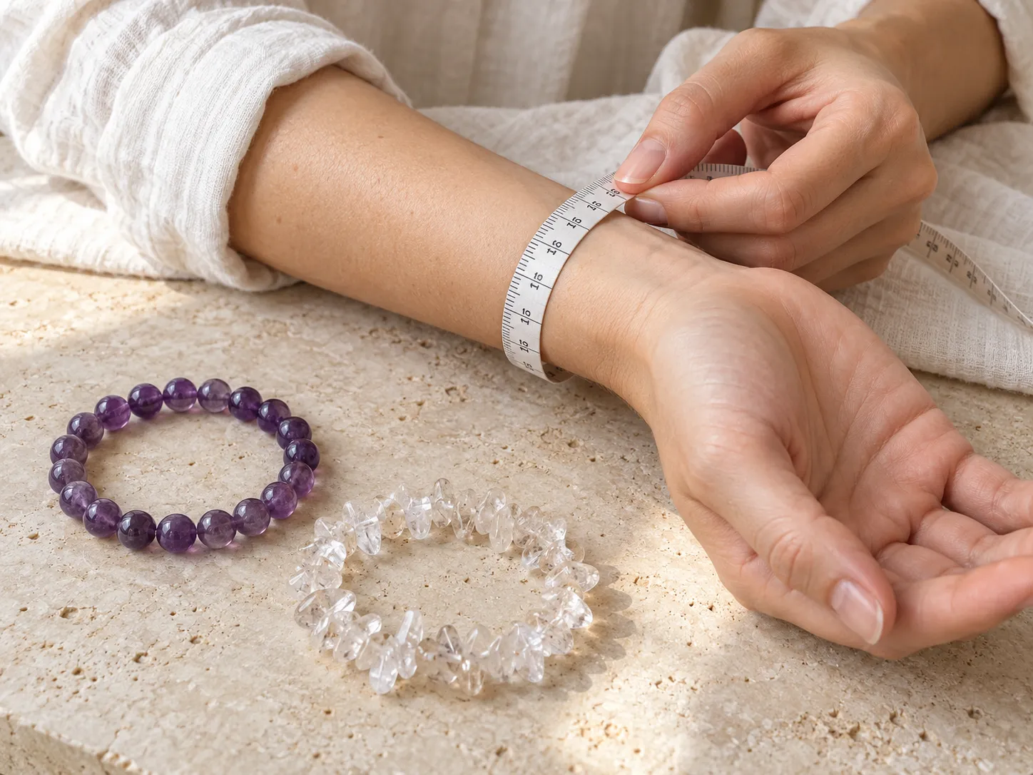Mesure d’un poignet avec un mètre souple, près d’un bracelet à perles rondes et d’un bracelet baroque.