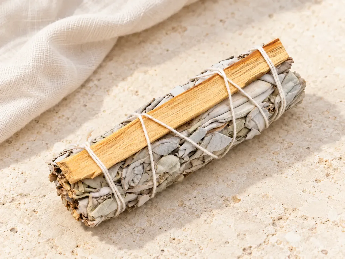 Fagot de sauge blanche accompagné d’un bâton de Palo Santo, lié avec une ficelle claire et posé sur une pierre naturelle près d’un tissu en lin.