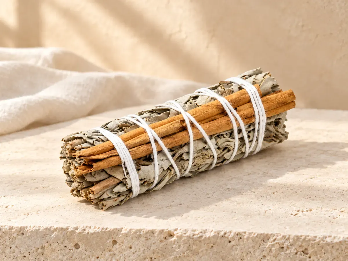 Fagot de sauge blanche accompagné de bâtonnets de cannelle, lié de fil blanc et posé sur une pierre claire.