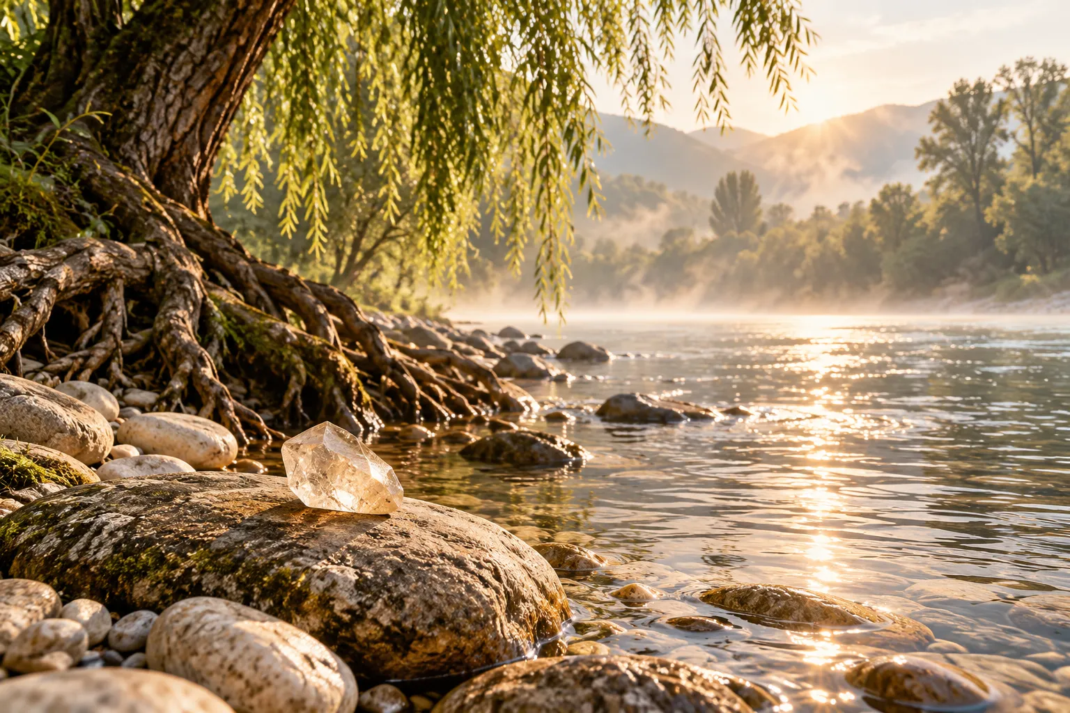Cristal de quartz au bord d’une rivière, sous un saule.