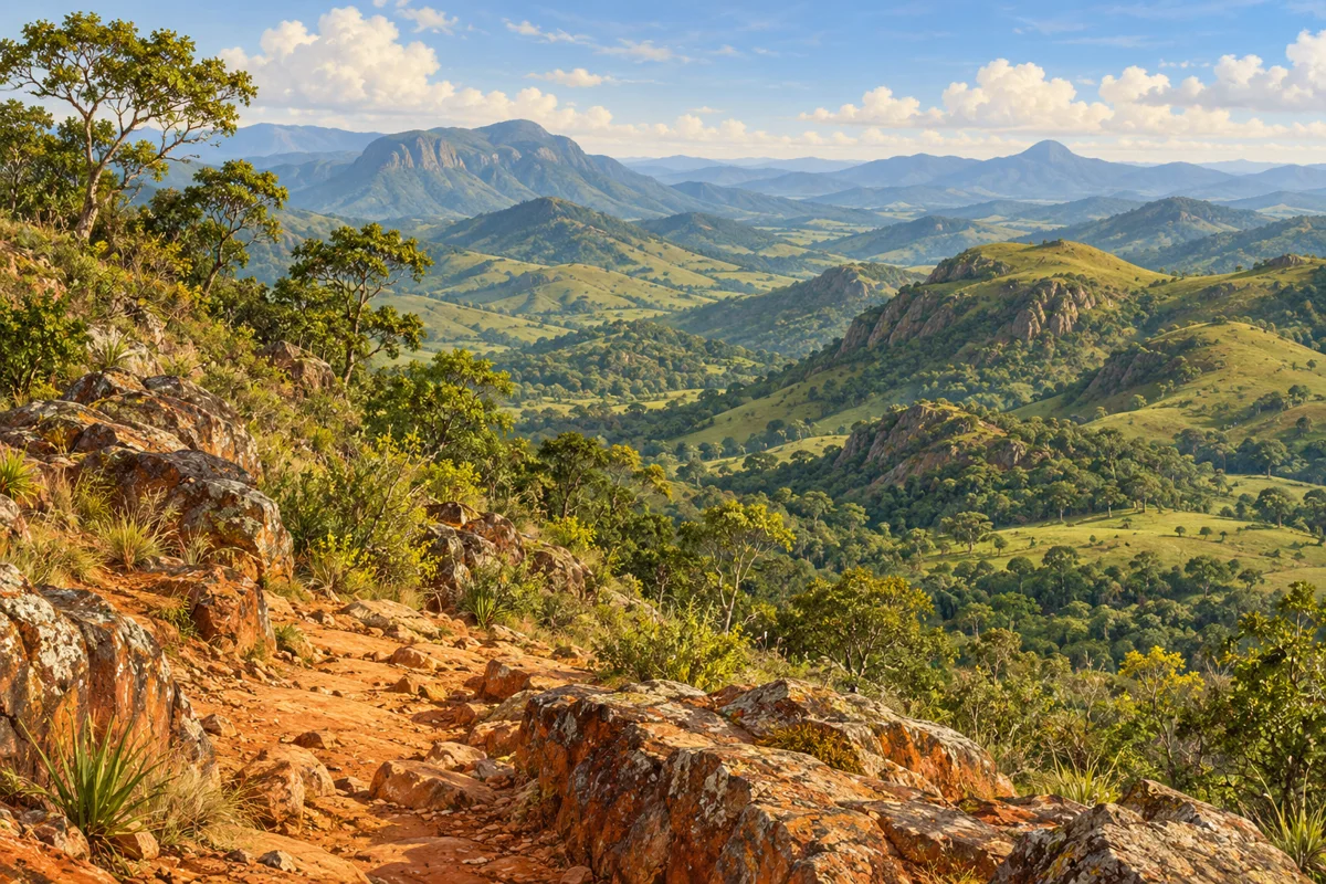 Paysage illustré de collines verdoyantes inspiré du Minas Gerais
