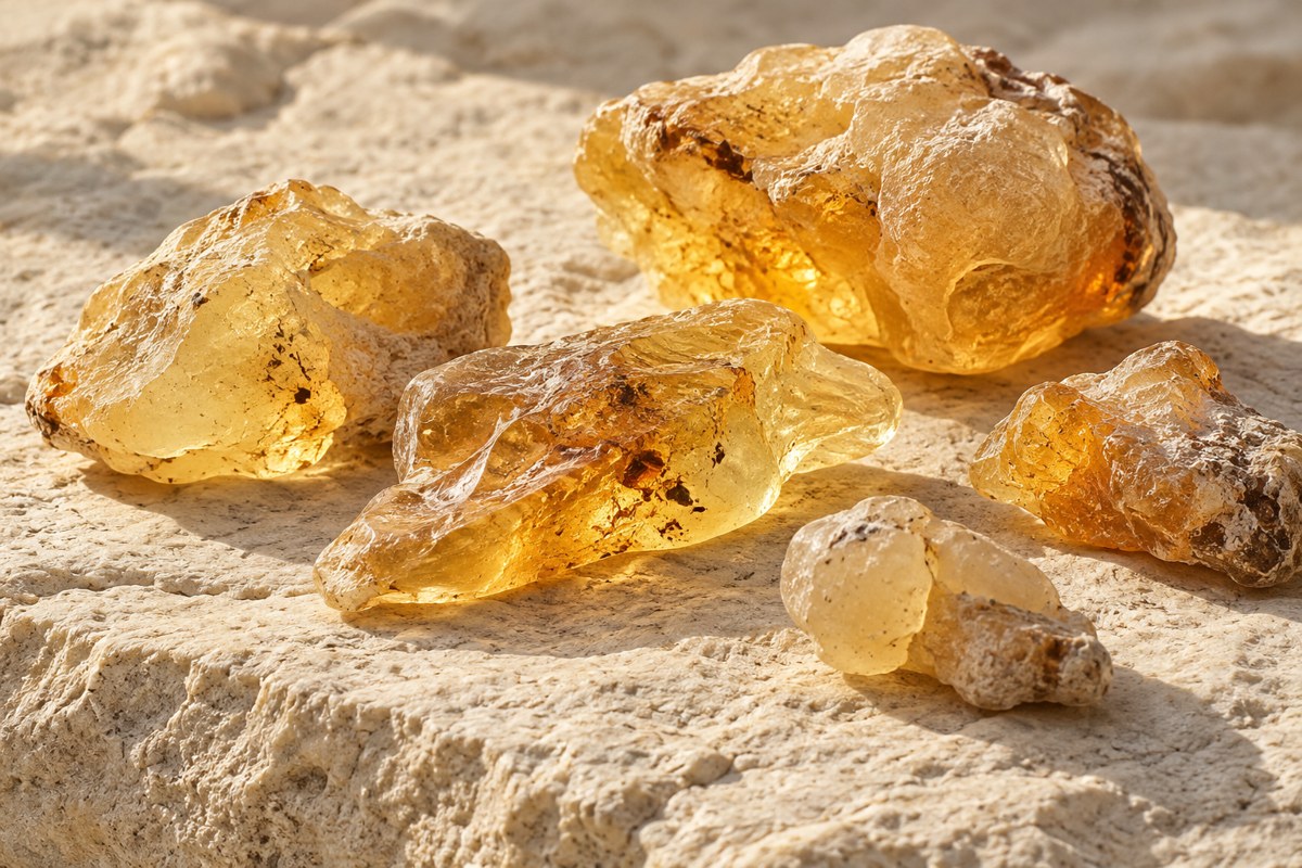 Illustration de fragments dorés de copal sur une surface claire