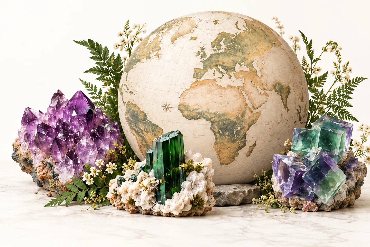Globe décoratif entouré de minéraux, de plantes et de résines