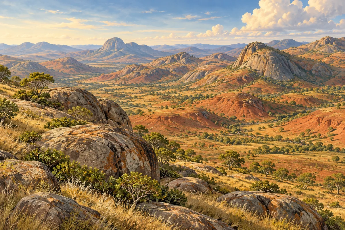 Paysage illustré de collines rouges et de rochers inspiré des hautes terres malgaches