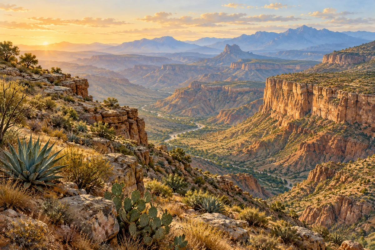 Paysage illustré de plateaux et de canyons arides inspiré du Mexique