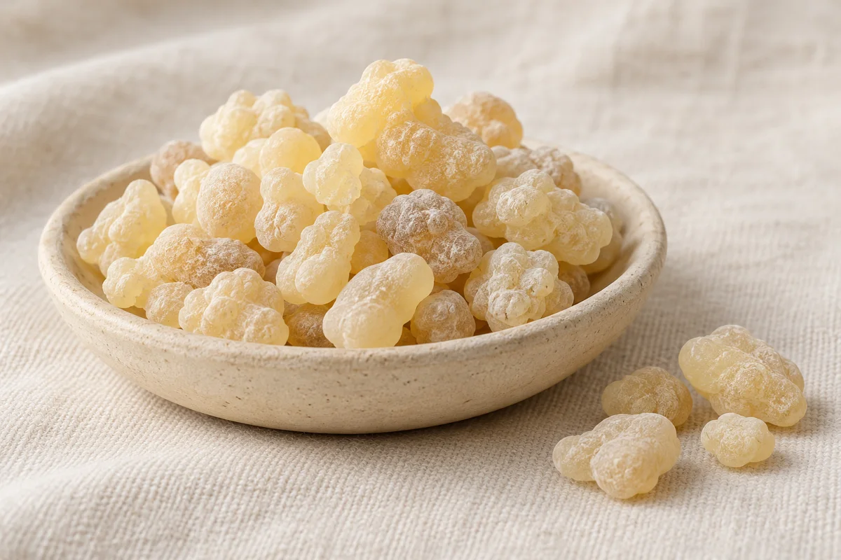 Illustration de grains pâles d’oliban dans une coupelle