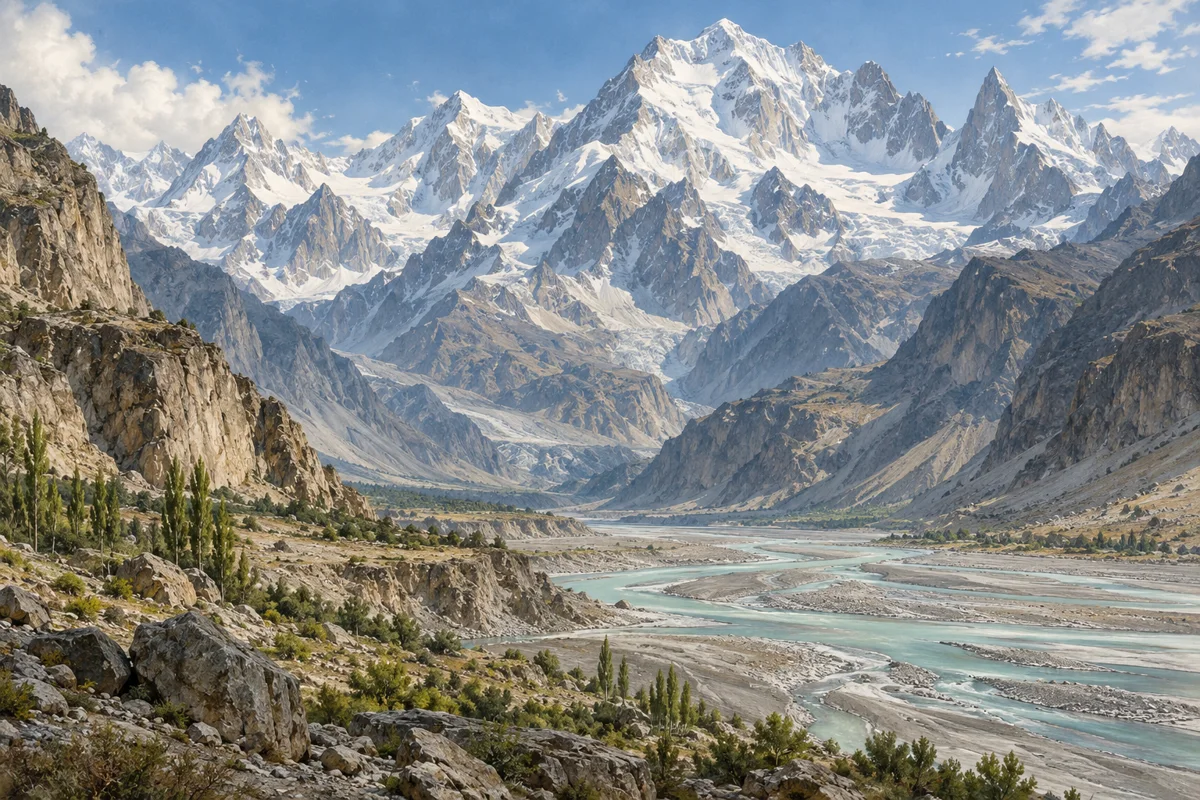 Paysage illustré de hauts sommets et de vallée inspiré du Karakoram
