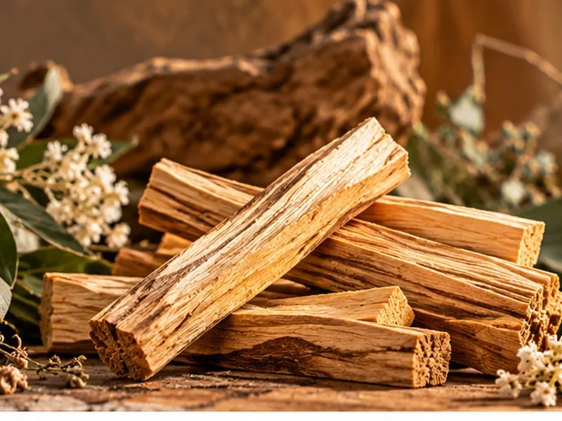Bâtons de bois de palo santo présentés sur une surface naturelle