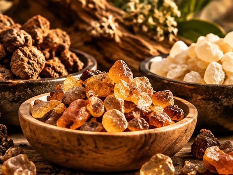 Grains de résines aromatiques présentés dans un petit récipient