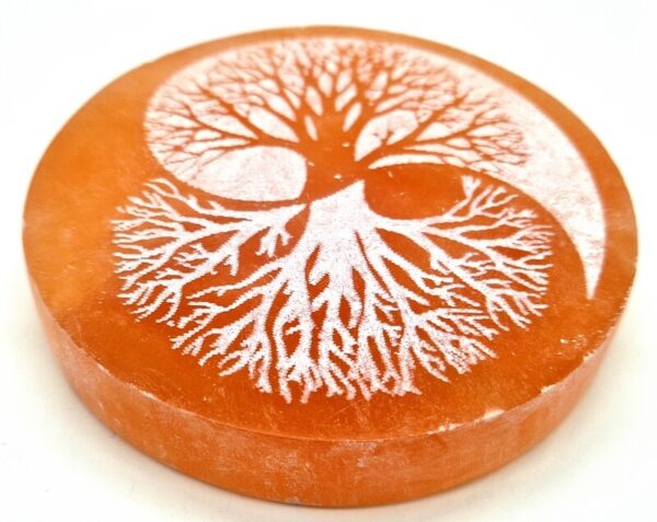 Plaque Sélénite Arbre de Vie Yin-Yang Orange/Blanc 10cm