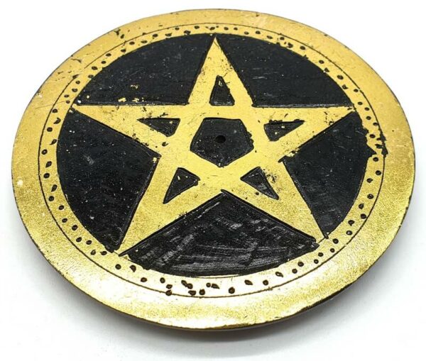 Porte-Encens Pierre Rond Pentacle Doré 10cm